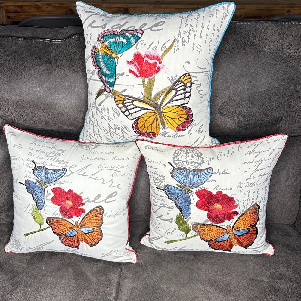 Embroidered Butterfly and Floral Throw Pillows 16 X 16 “